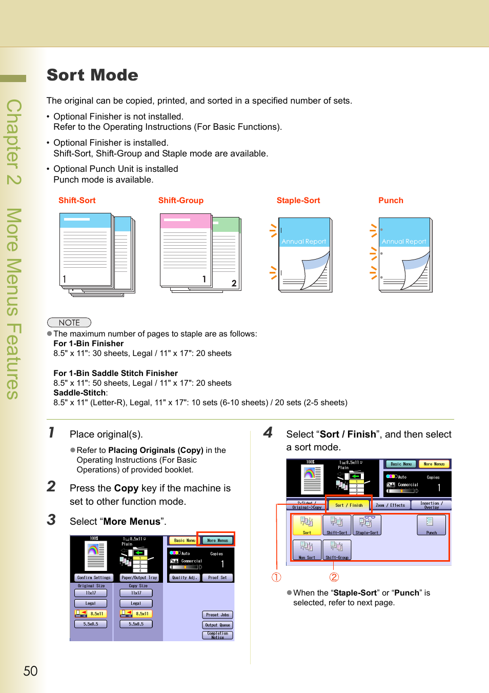 Sort mode, Chapter 2 more menus f eatures | Panasonic DP-C263  EN User Manual | Page 50 / 98