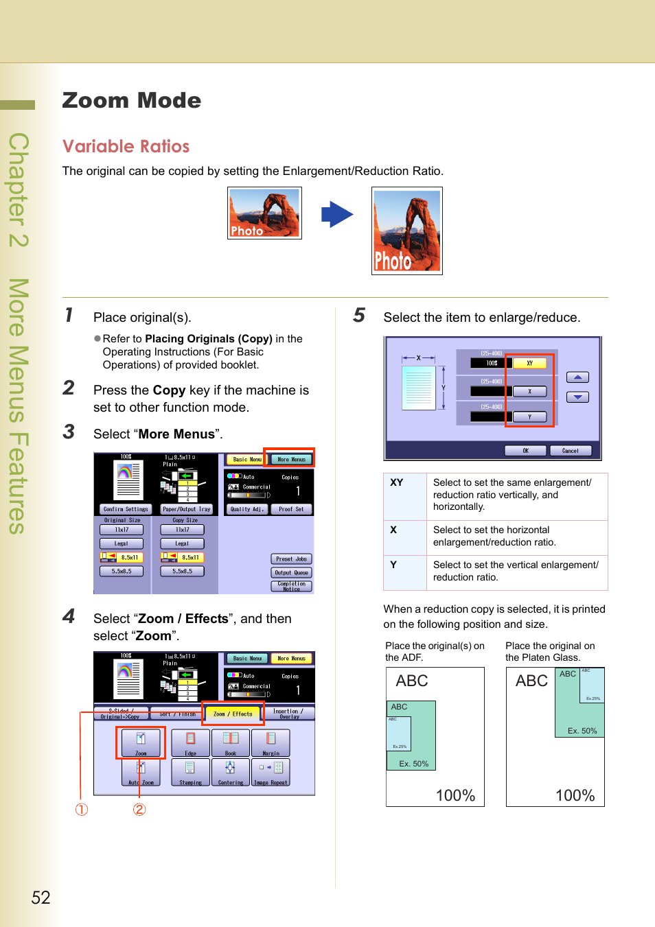 Zoom mode, Variable ratios, Chapter 2 more menus f eatures | Abc 100 | Panasonic DP-C263  EN User Manual | Page 52 / 98