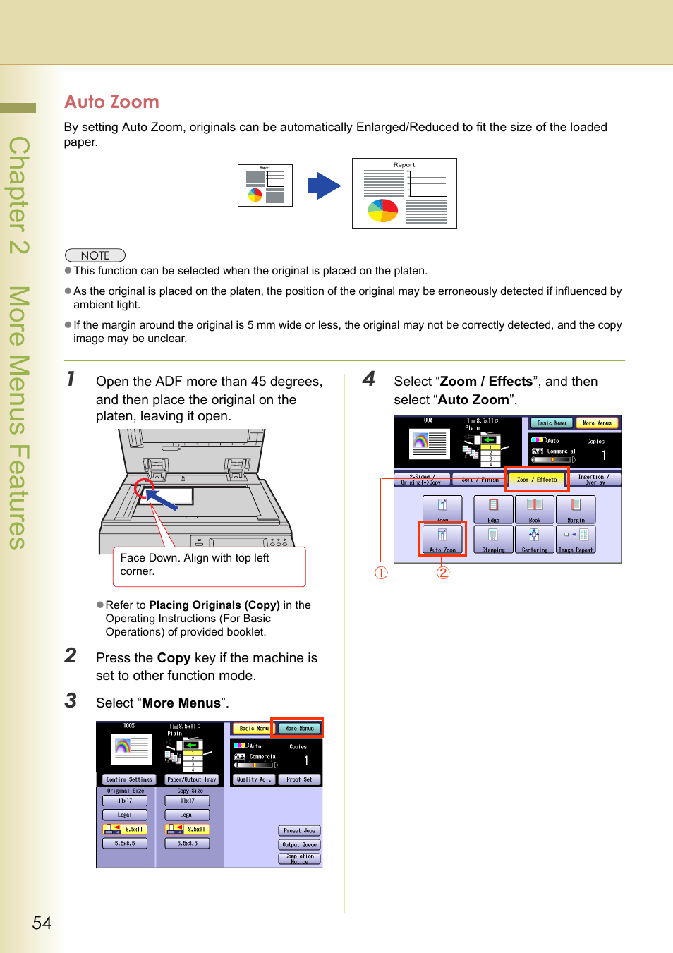 Auto zoom, Chapter 2 more menus f eatures | Panasonic DP-C263  EN User Manual | Page 54 / 98
