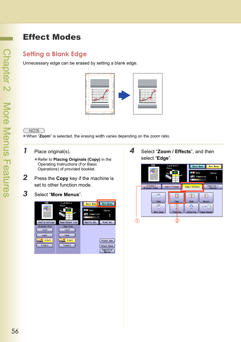 Effect modes, Setting a blank edge, Chapter 2 more menus f eatures | Panasonic DP-C263  EN User Manual | Page 56 / 98