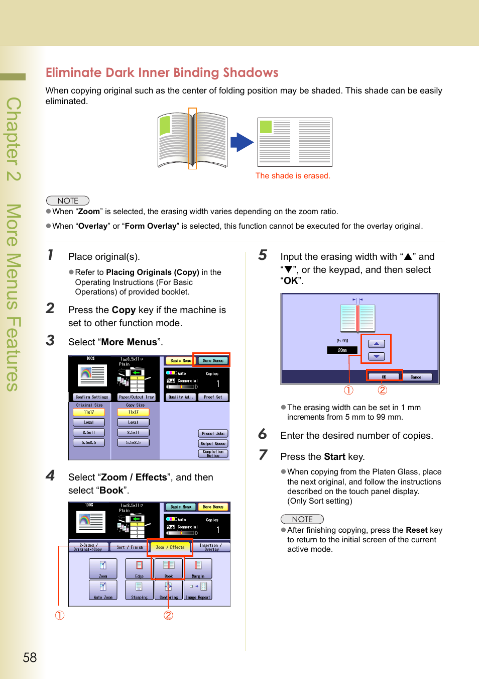 Eliminate dark inner binding shadows, Chapter 2 more menus f eatures | Panasonic DP-C263  EN User Manual | Page 58 / 98