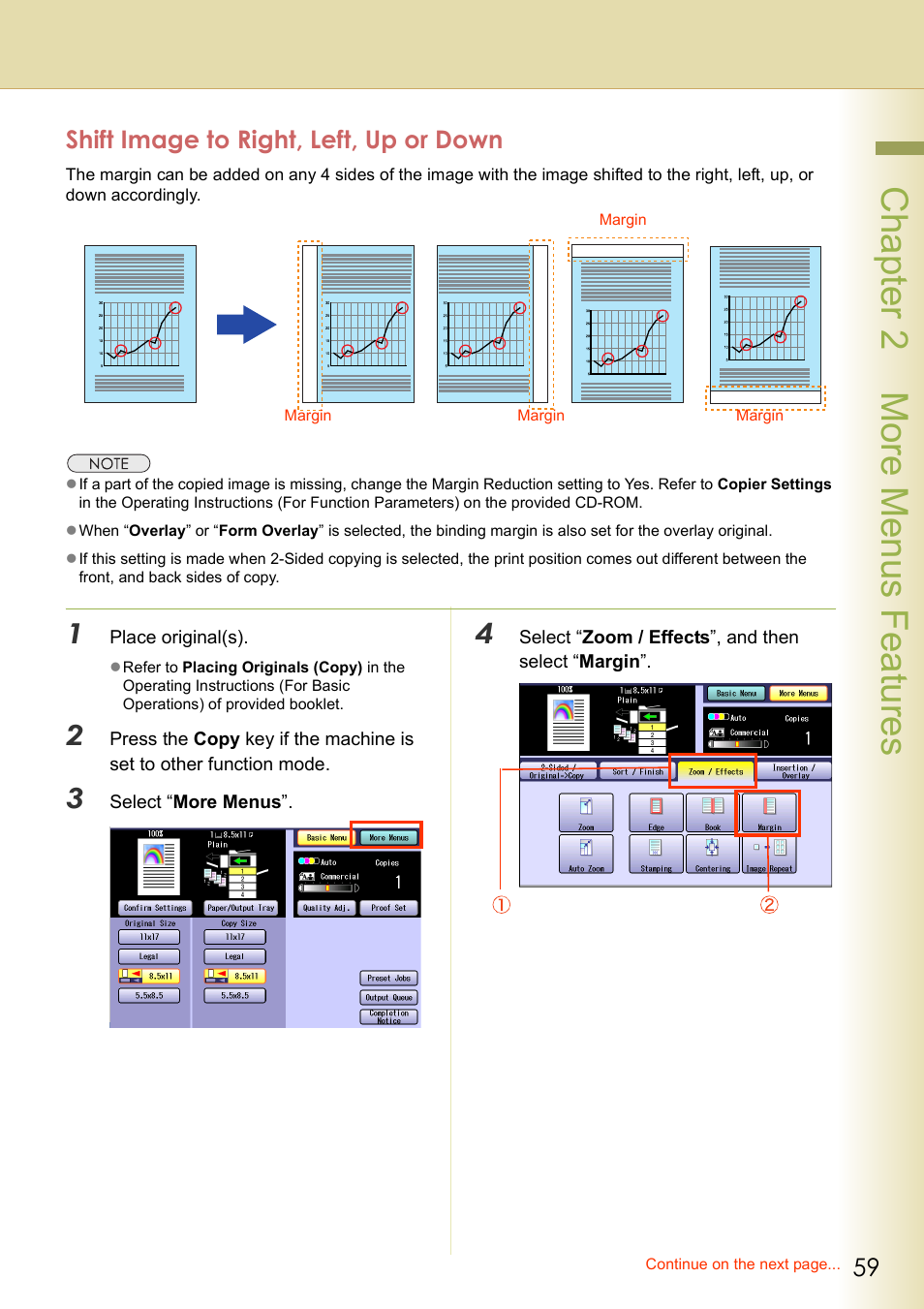 Shift image to right, left, up or down, Chapter 2 more menus f eatures | Panasonic DP-C263  EN User Manual | Page 59 / 98