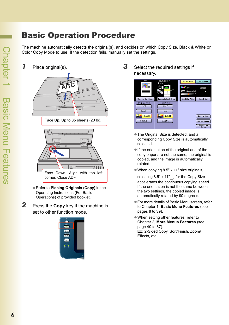 Basic menu features, Basic operation procedure, Chapter 1 basic menu features | Panasonic DP-C263  EN User Manual | Page 6 / 98