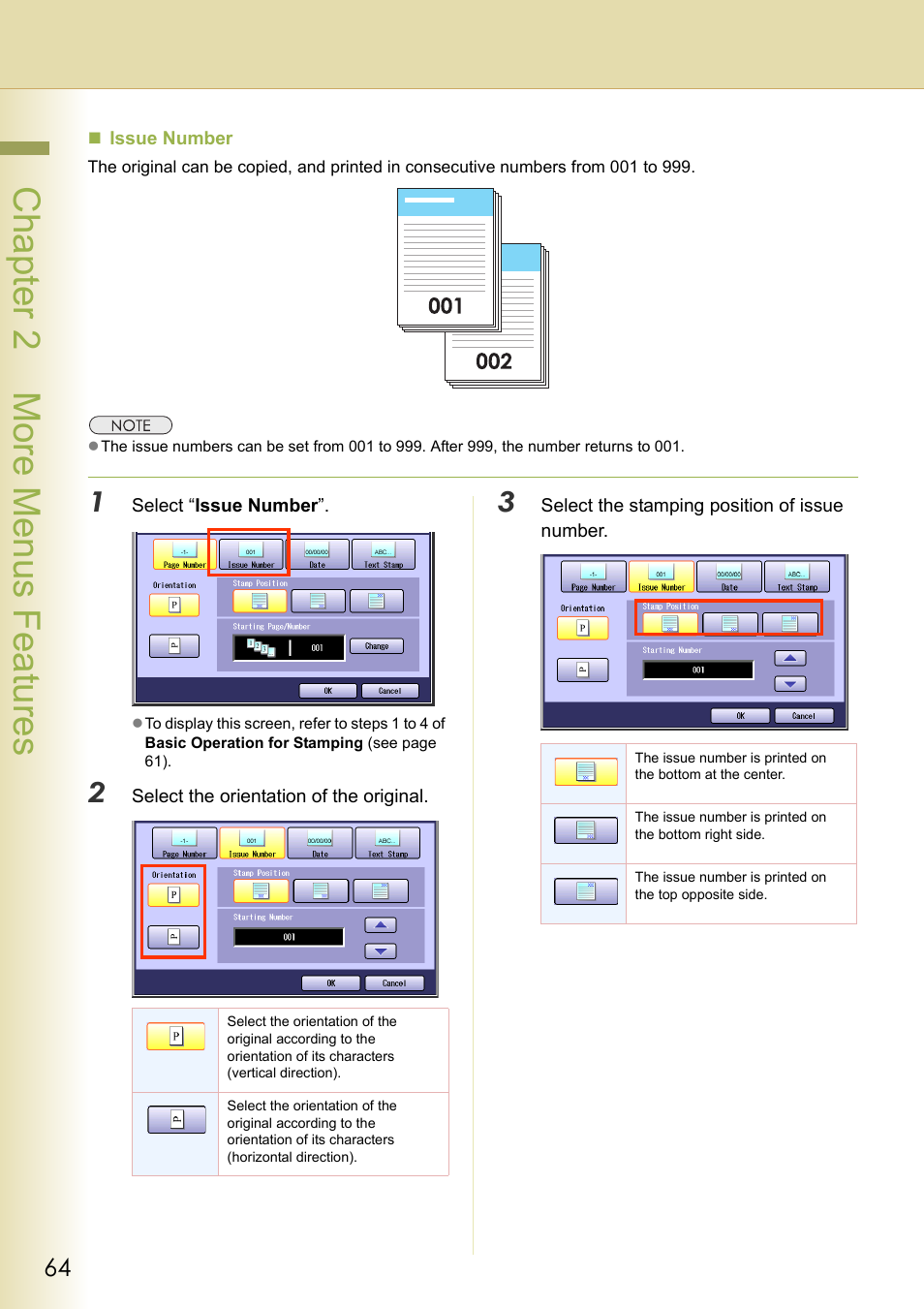 Issue number, Chapter 2 more menus f eatures | Panasonic DP-C263  EN User Manual | Page 64 / 98