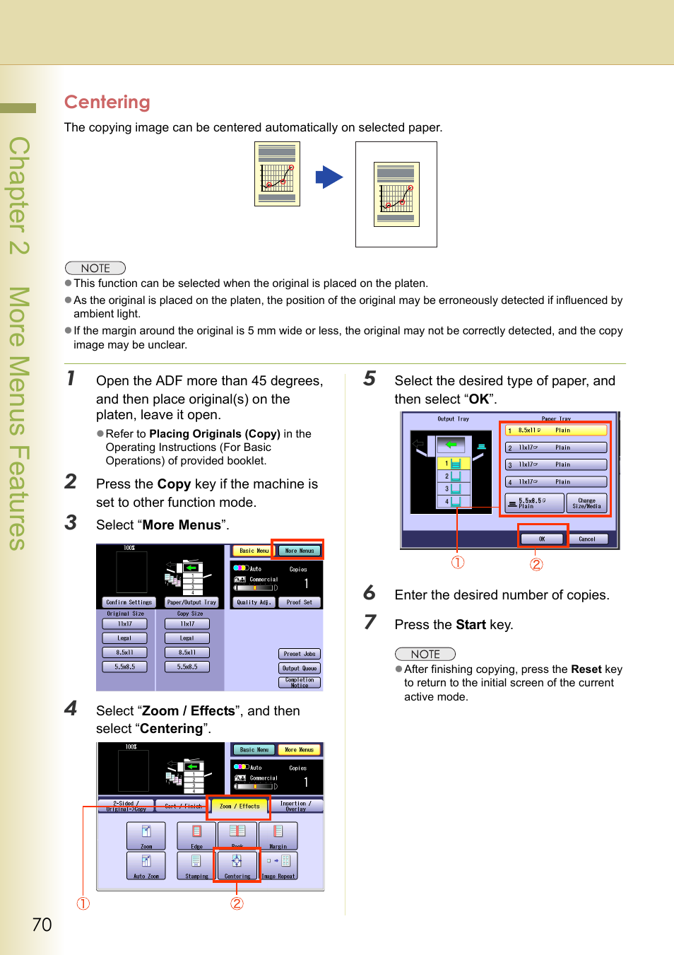 Centering, Chapter 2 more menus f eatures | Panasonic DP-C263  EN User Manual | Page 70 / 98