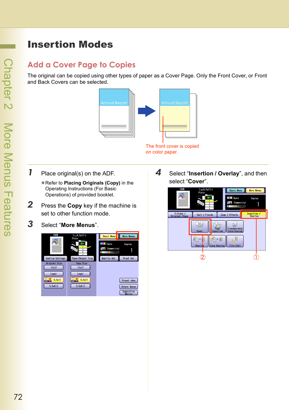Insertion modes, Chapter 2 more menus f eatures | Panasonic DP-C263  EN User Manual | Page 72 / 98