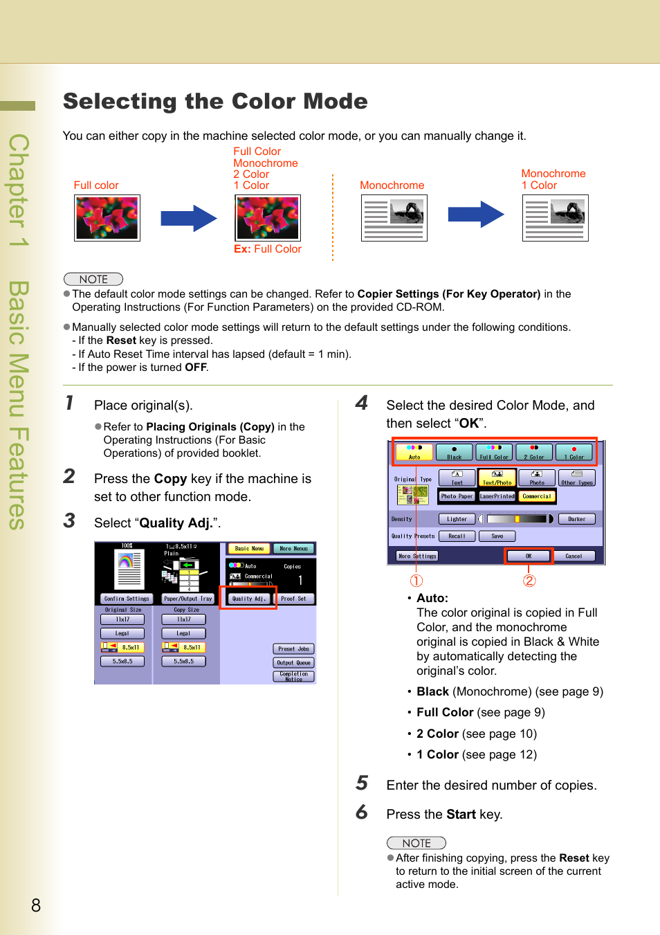 Selecting the color mode, Chapter 1 basic menu features | Panasonic DP-C263  EN User Manual | Page 8 / 98