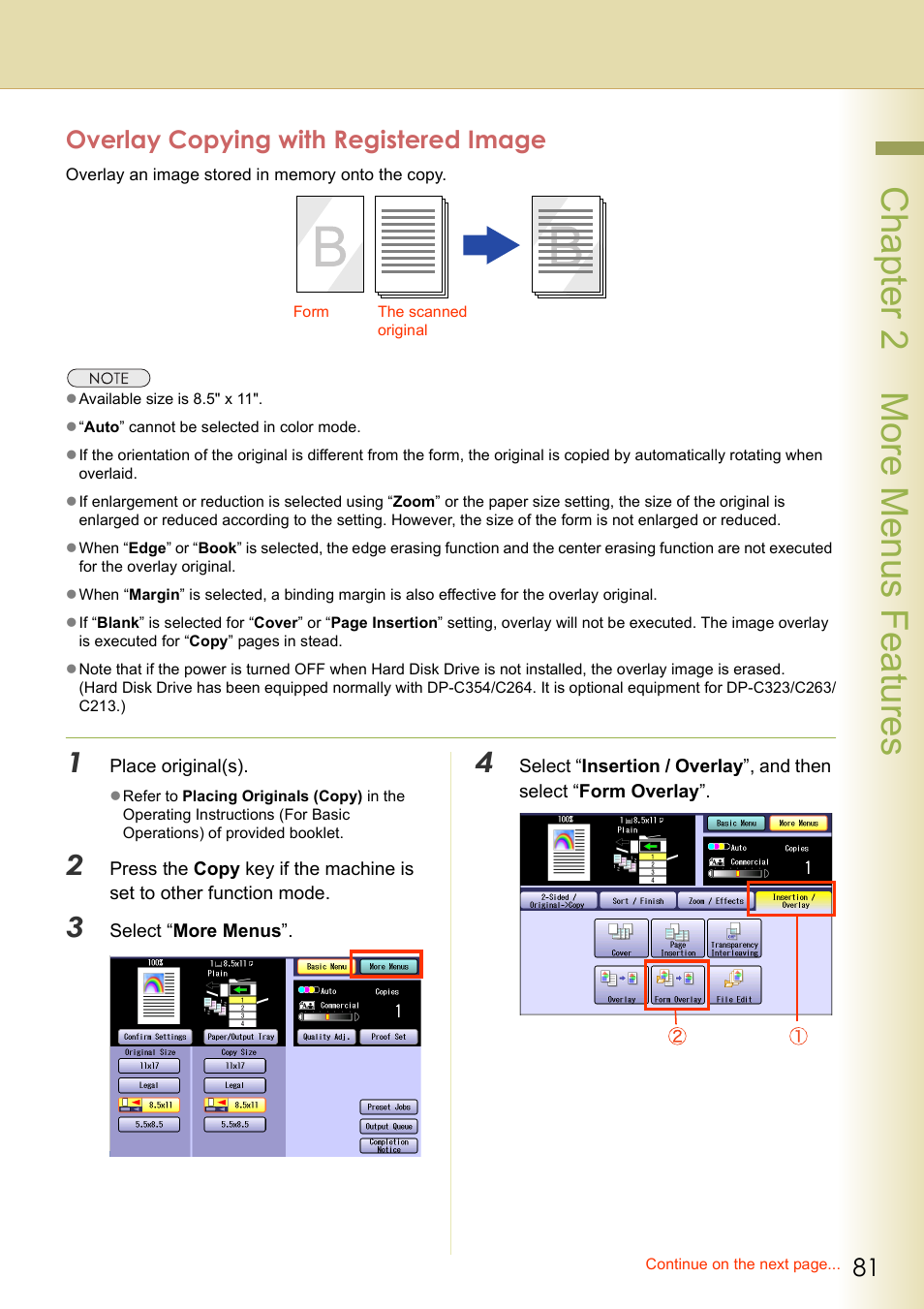 Overlay copying with registered image, Chapter 2 more menus f eatures | Panasonic DP-C263  EN User Manual | Page 81 / 98