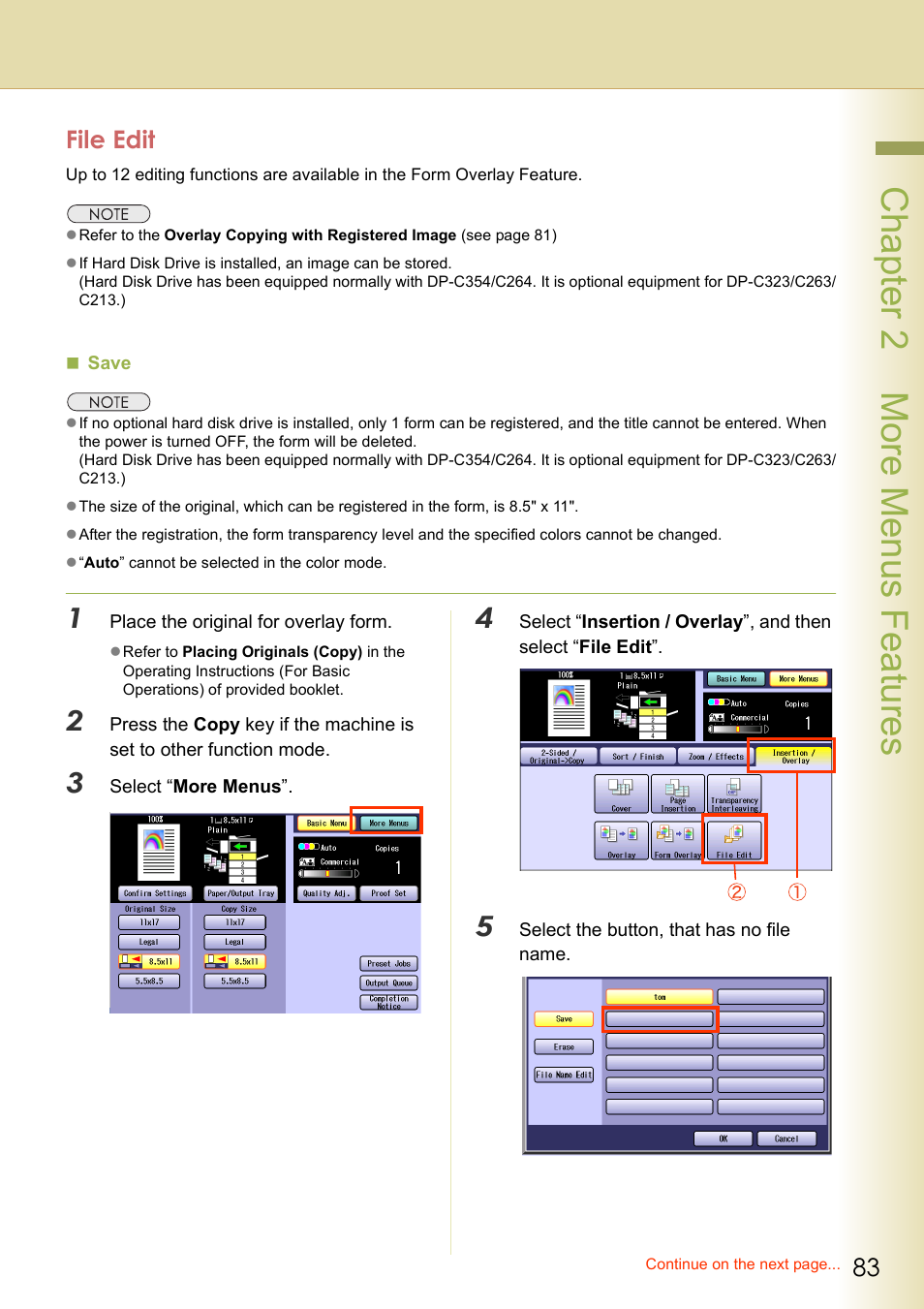 File edit, Save, Chapter 2 more menus f eatures | Panasonic DP-C263  EN User Manual | Page 83 / 98