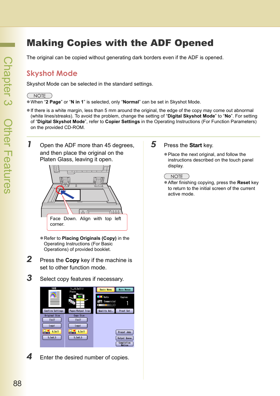 Other features, Making copies with the adf opened, Skyshot mode | Chapter 3 other features | Panasonic DP-C263  EN User Manual | Page 88 / 98