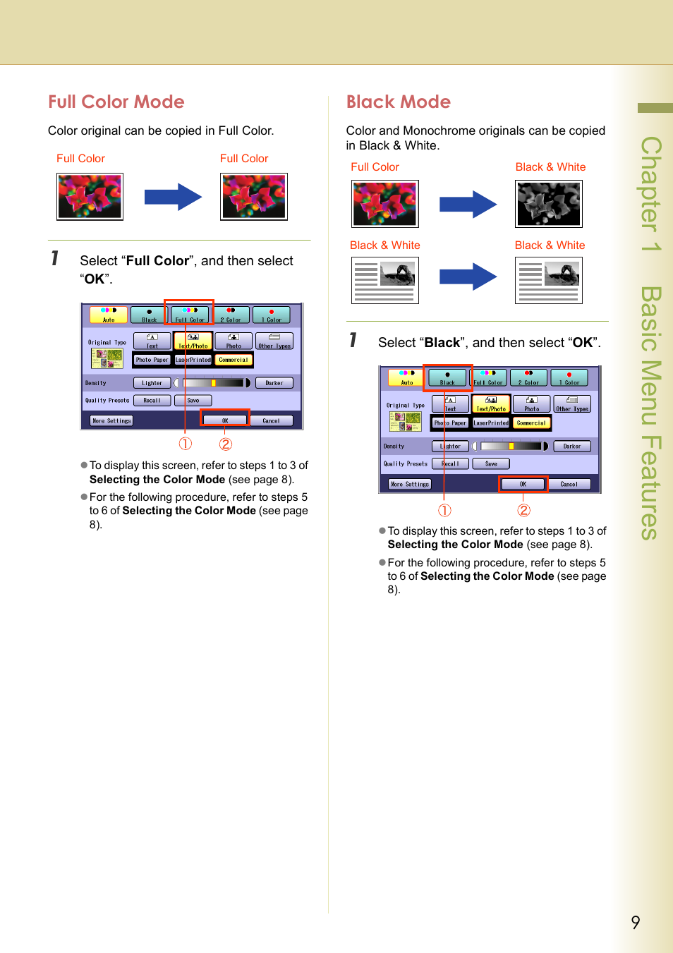 Full color mode, Black mode, Chapter 1 basic menu features | Panasonic DP-C263  EN User Manual | Page 9 / 98