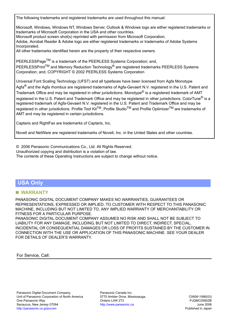Usa only, Warranty | Panasonic DP-C263  EN User Manual | Page 98 / 98
