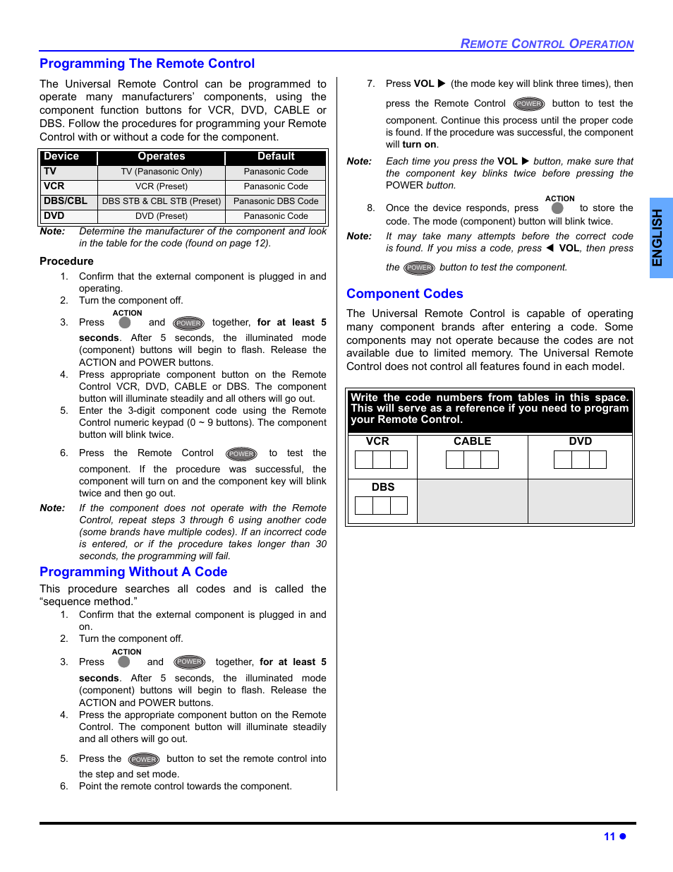 Programming the remote control, Programming without a code, Component code | English programming the remote control, Component codes | Panasonic CT-32HXC14 User Manual | Page 13 / 80