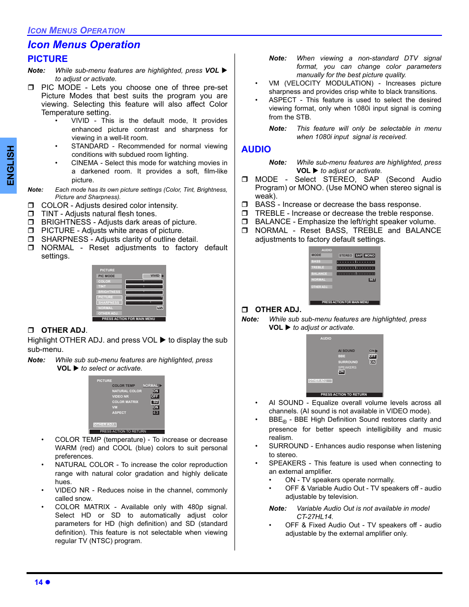 Icon menus operation, Picture, Audio | English, 14 z | Panasonic CT-32HXC14 User Manual | Page 16 / 80