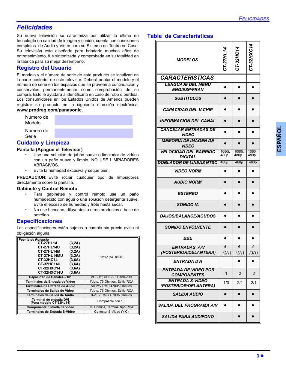 Felicidades, Registro del usuario, Cuidado y limpieza | Especificaciones, Tabla de caracteristicas | Panasonic CT-32HXC14 User Manual | Page 29 / 80