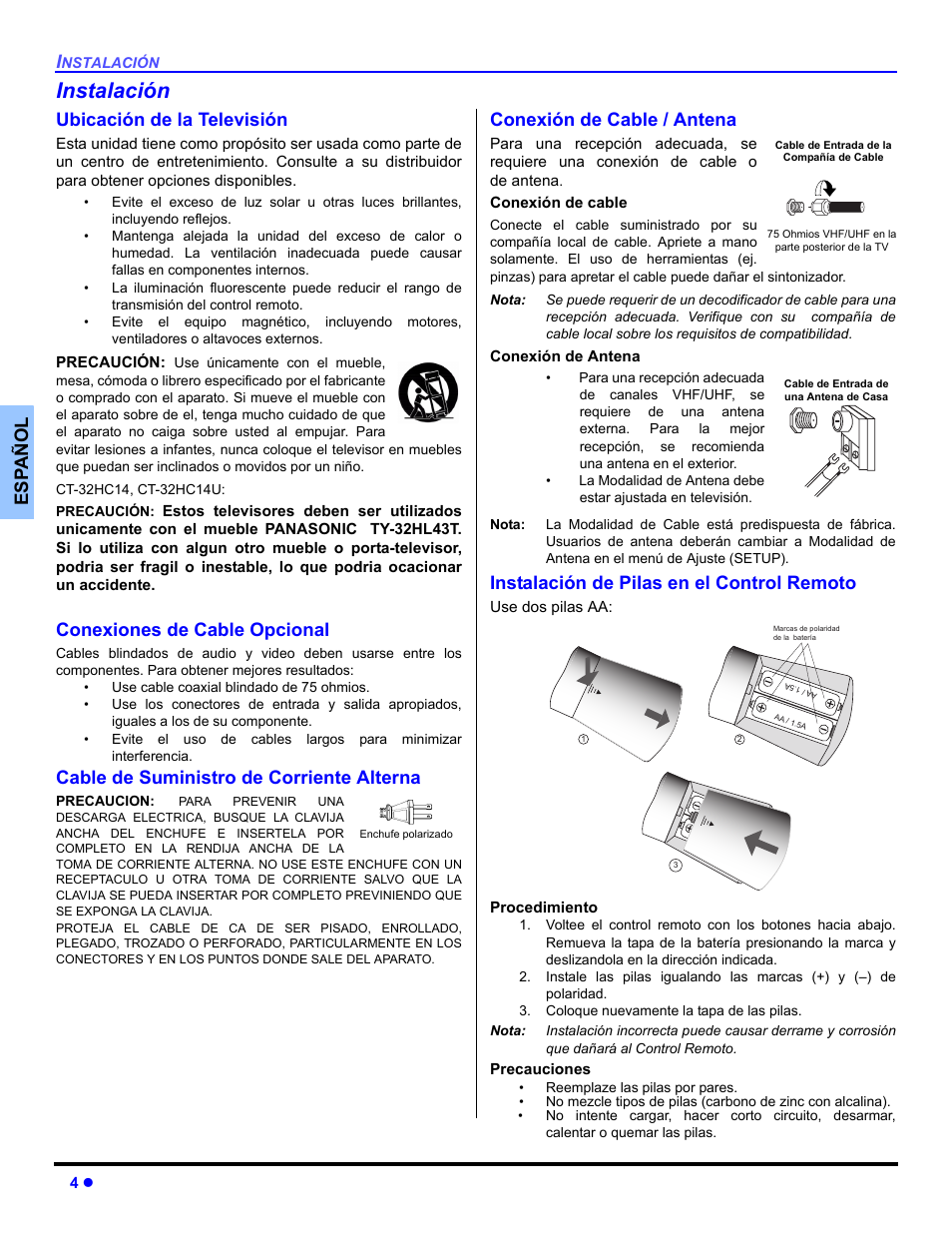 Instalacion, Ubicacion de la television, Conexiones de cable opcional | Cable de suministro de corriente alterna, Conexion de cable / antena, Instalacion de pilas en el control remote, Instalación, Es p añol, Ubicación de la televisión, Conexión de cable / antena | Panasonic CT-32HXC14 User Manual | Page 30 / 80