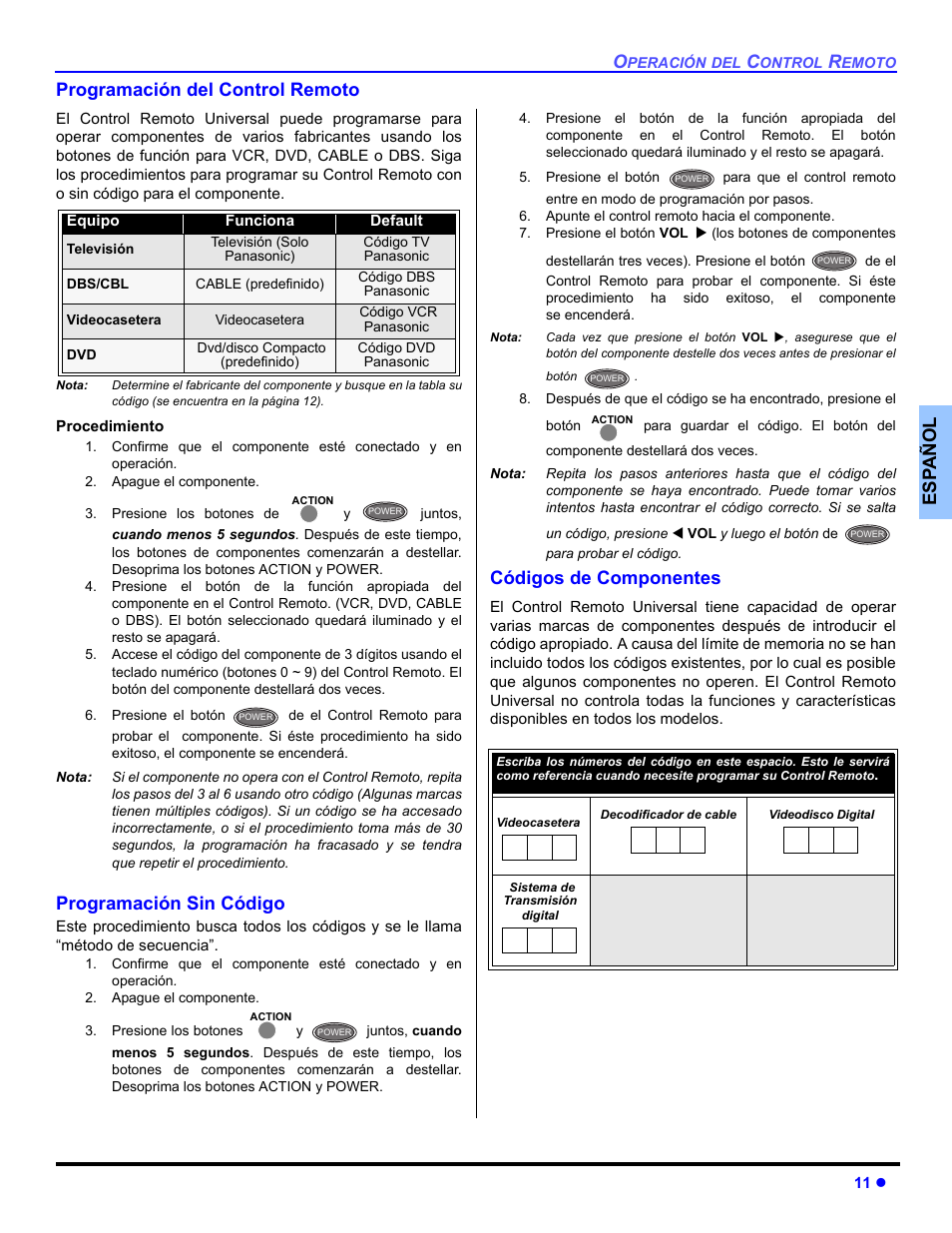 Programacion del control remoto, Programacion sin codigo, Codigos de componentes | Es p añol programación del control remoto, Programación sin código, Códigos de componentes | Panasonic CT-32HXC14 User Manual | Page 37 / 80