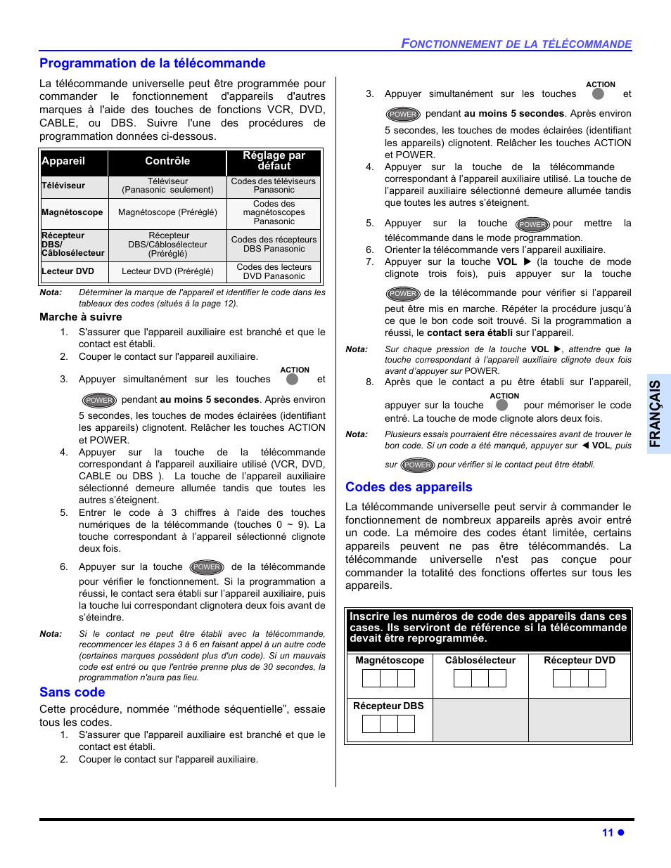 Programmation de la telecommande, Sans code, Codes des appareils | Françai s, Programmation de la télécommande | Panasonic CT-32HXC14 User Manual | Page 61 / 80