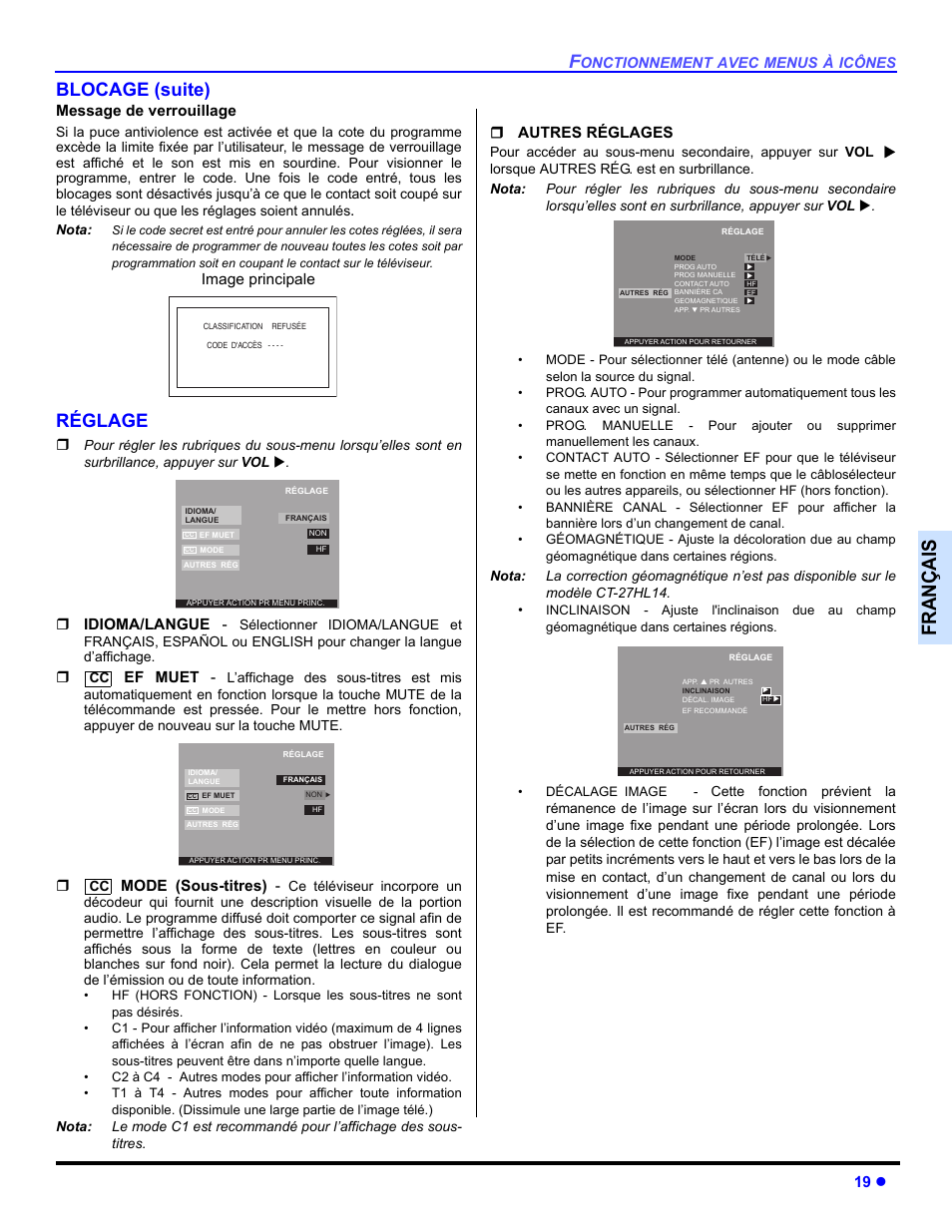 Reglage, Françai s, Blocage (suite) | Réglage | Panasonic CT-32HXC14 User Manual | Page 69 / 80