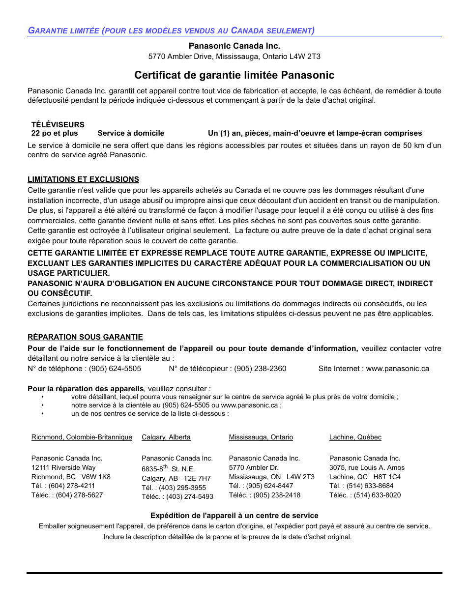 Certificat de garantie limitée panasonic | Panasonic CT-32HXC14 User Manual | Page 78 / 80