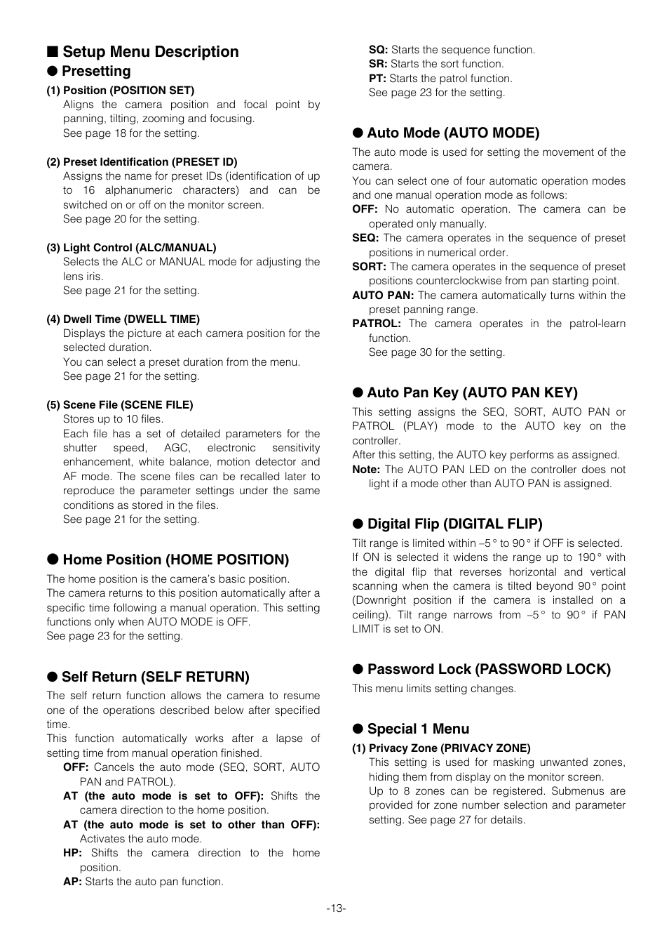 Setup menu description, Setting procedures, Menu display | Presetting, Home position (home position), Self return (self return), Auto mode (auto mode), Auto pan key (auto pan key), Digital flip (digital flip), Password lock (password lock) | Panasonic WV-CS854B User Manual | Page 13 / 56