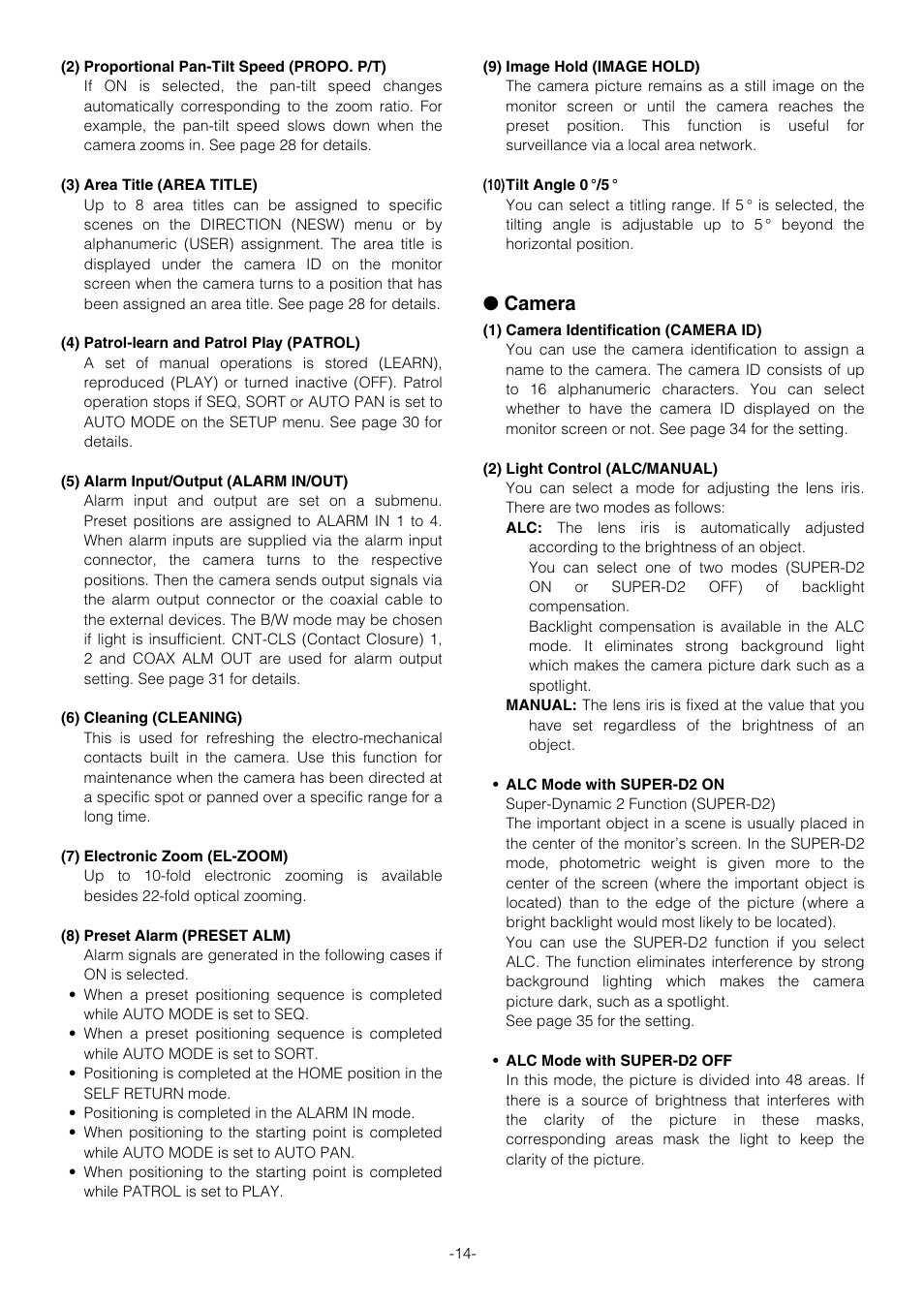 Preface, Features, Camera cleaning | Preset data uploading or downloading, Precautions, Construction, Setup, Setup menu, Setup menu description, Preset menu | Panasonic WV-CS854B User Manual | Page 14 / 56