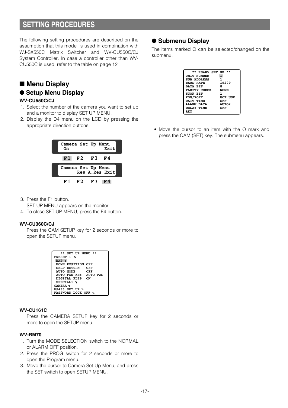 Setting procedures, Menu display, Setup menu display | Submenu display, F 1 f 2 f 3 f 4, F 2 f 3 f 4 | Panasonic WV-CS854B User Manual | Page 17 / 56