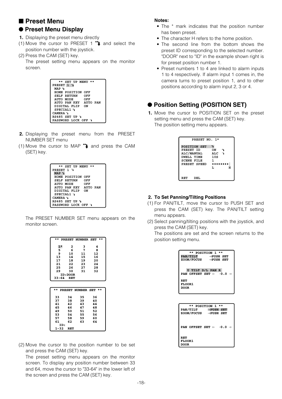 Preset menu, Preset menu display, Position setting (position set) | Panasonic WV-CS854B User Manual | Page 18 / 56