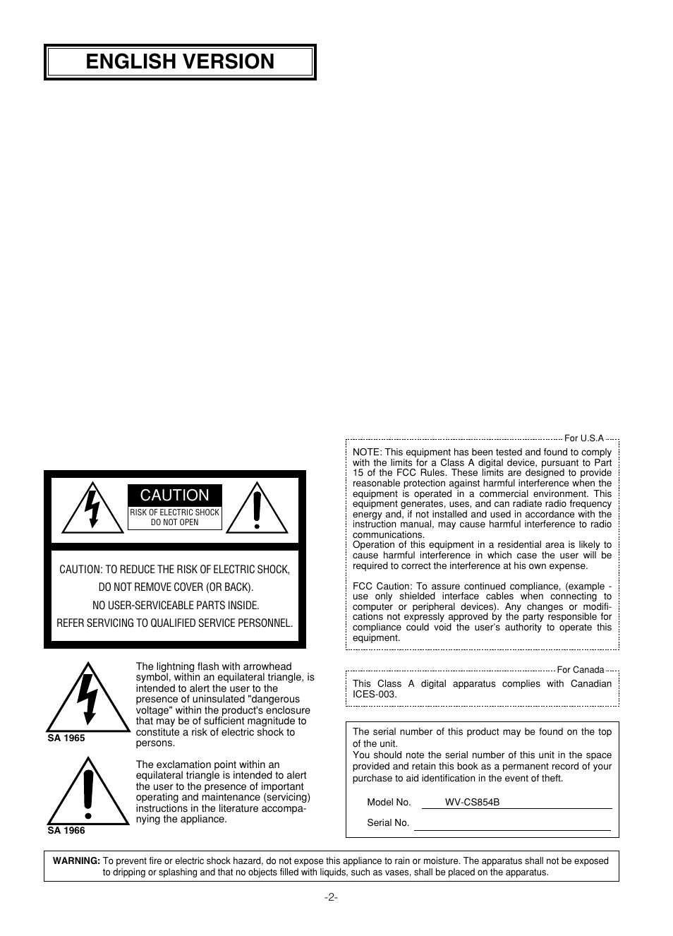 English version, Caution | Panasonic WV-CS854B User Manual | Page 2 / 56