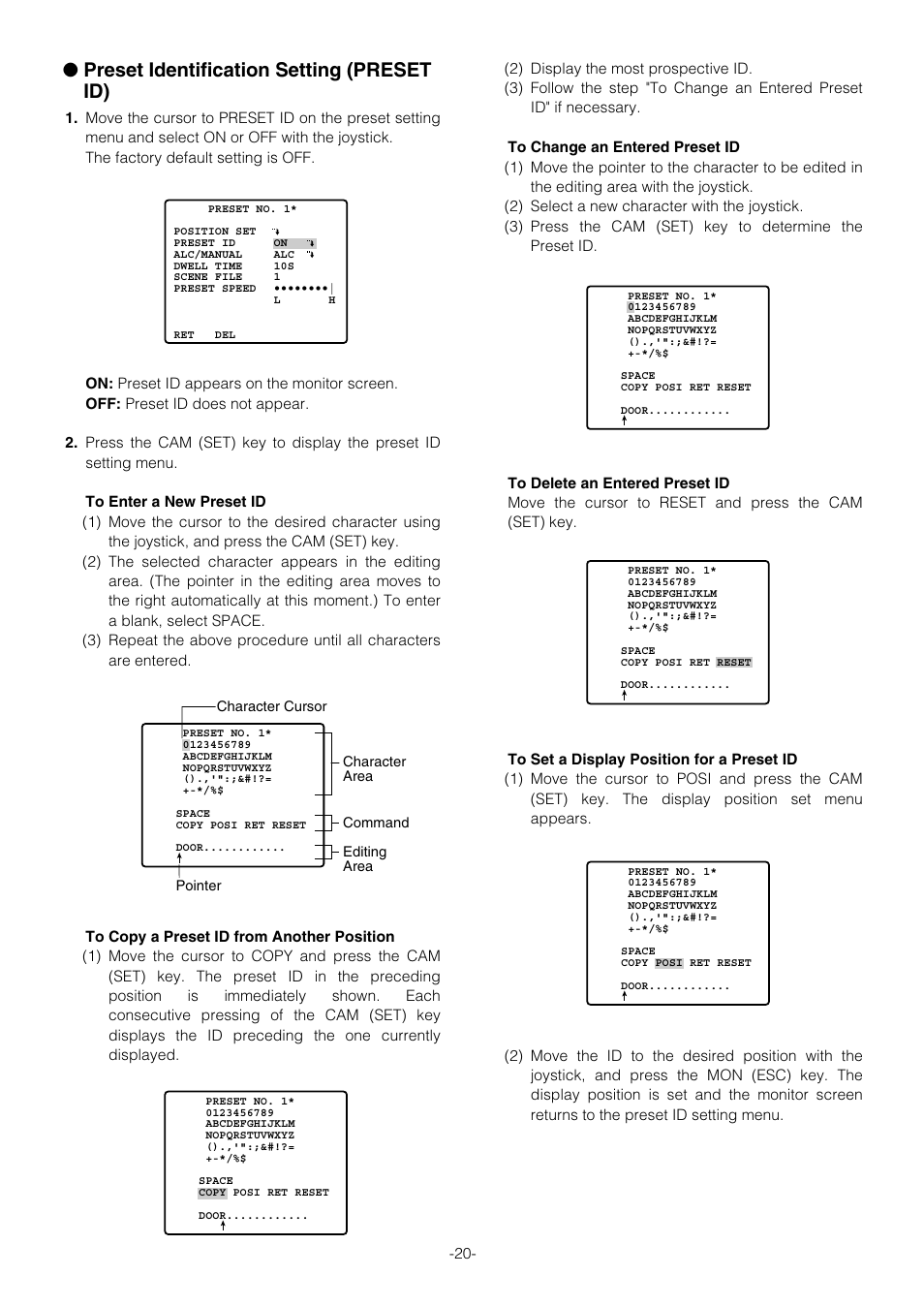 Preset identification setting (preset id) | Panasonic WV-CS854B User Manual | Page 20 / 56
