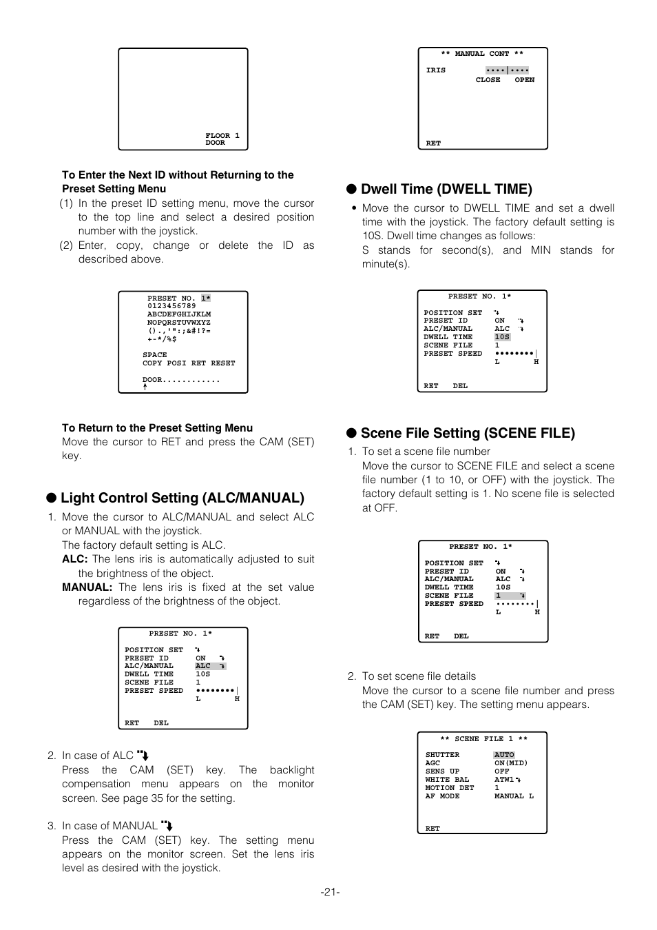 Deleting preset positions, Home position setting (home position), Self return setting (self return) | Auto mode selection (auto mode), Auto pan key setting (auto pan key), Digital flip setting (digital flip), Light control setting (alc/manual), Dwell time (dwell time), Scene file setting (scene file) | Panasonic WV-CS854B User Manual | Page 21 / 56