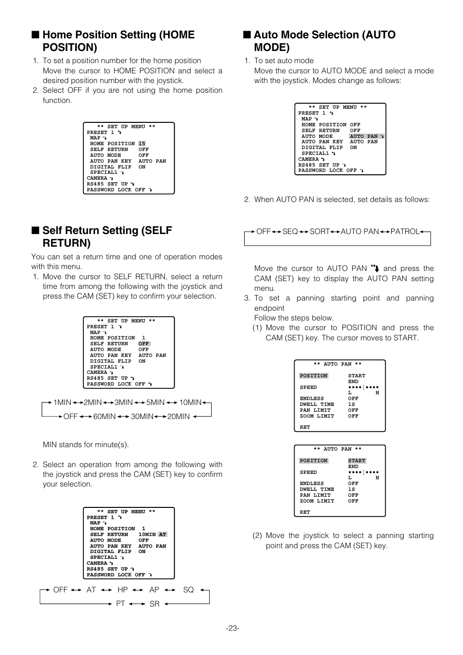 Home position setting, Self return setting, Auto mode selection | Special 1 menu setting (special 1), Home position setting (home position), Self return setting (self return), Auto mode selection (auto mode) | Panasonic WV-CS854B User Manual | Page 23 / 56