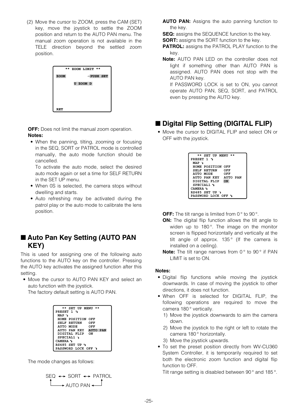 Auto pan key setting, Digital flip setting, Auto pan key setting (auto pan key) | Digital flip setting (digital flip) | Panasonic WV-CS854B User Manual | Page 25 / 56