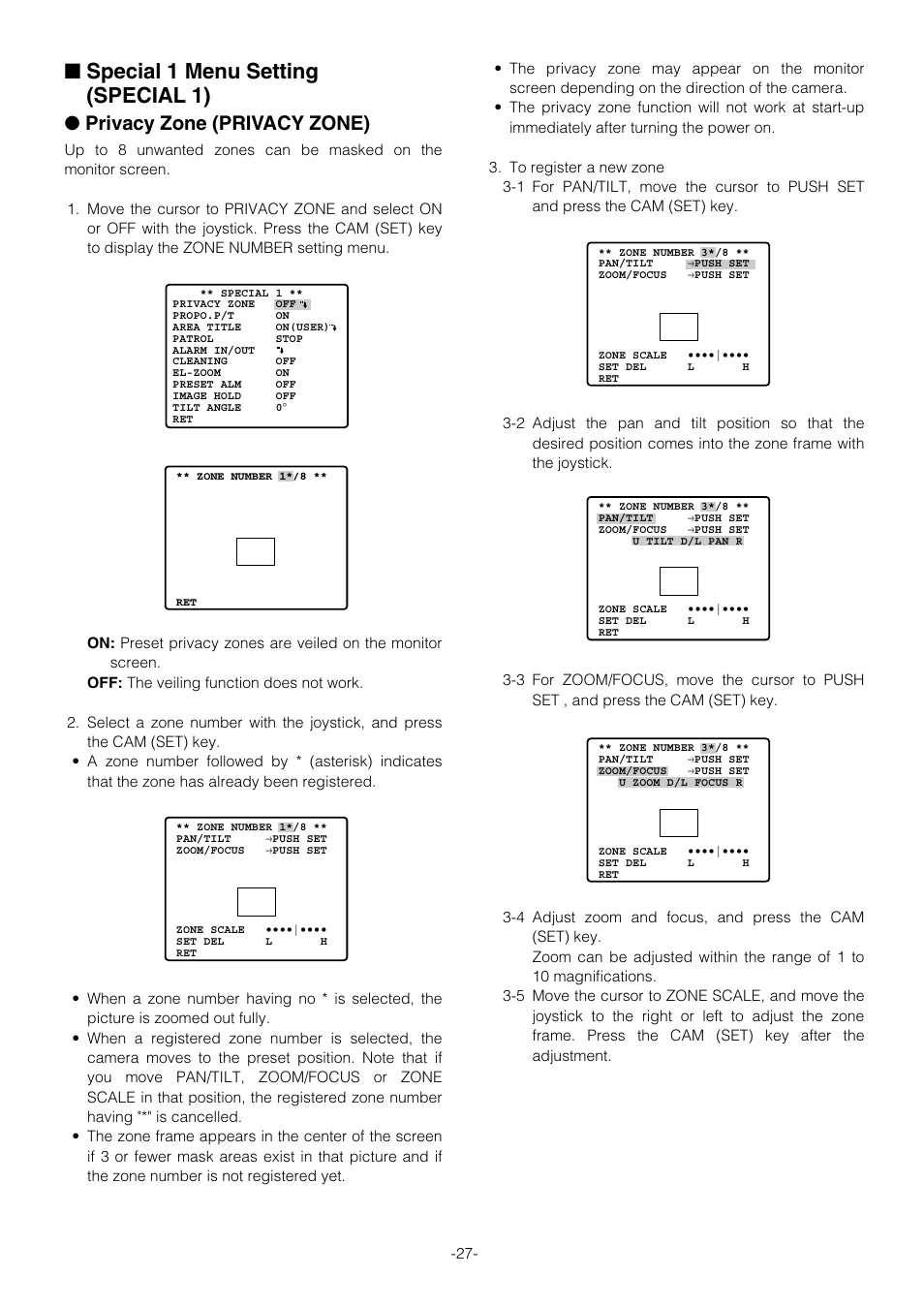 Special 1 menu setting, Special 1 menu setting (special 1), Privacy zone (privacy zone) | Panasonic WV-CS854B User Manual | Page 27 / 56