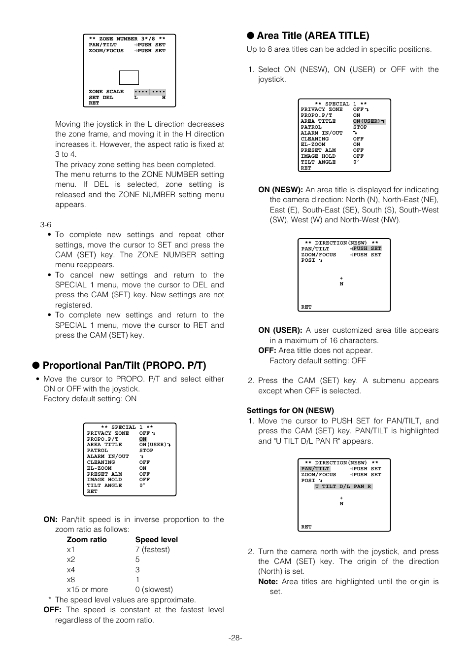 Proportional pan/tilt (propo. p/t), Area title (area title) | Panasonic WV-CS854B User Manual | Page 28 / 56
