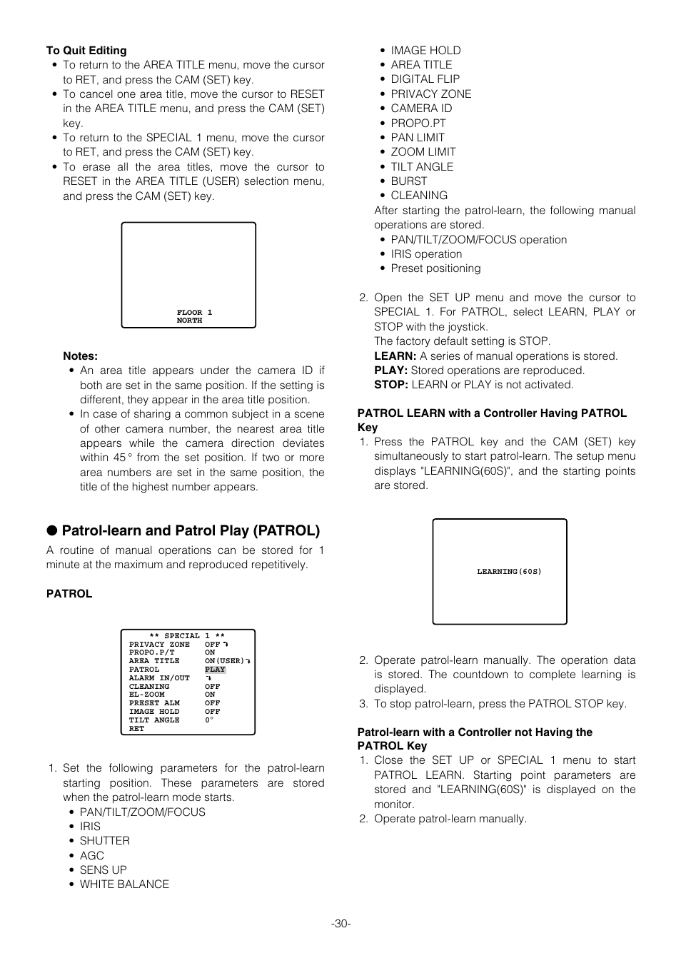 Camera setting, Patrol-learn and patrol play (patrol) | Panasonic WV-CS854B User Manual | Page 30 / 56