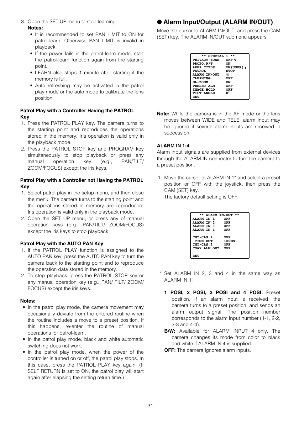 Alarm input/output (alarm in/out) | Panasonic WV-CS854B User Manual | Page 31 / 56