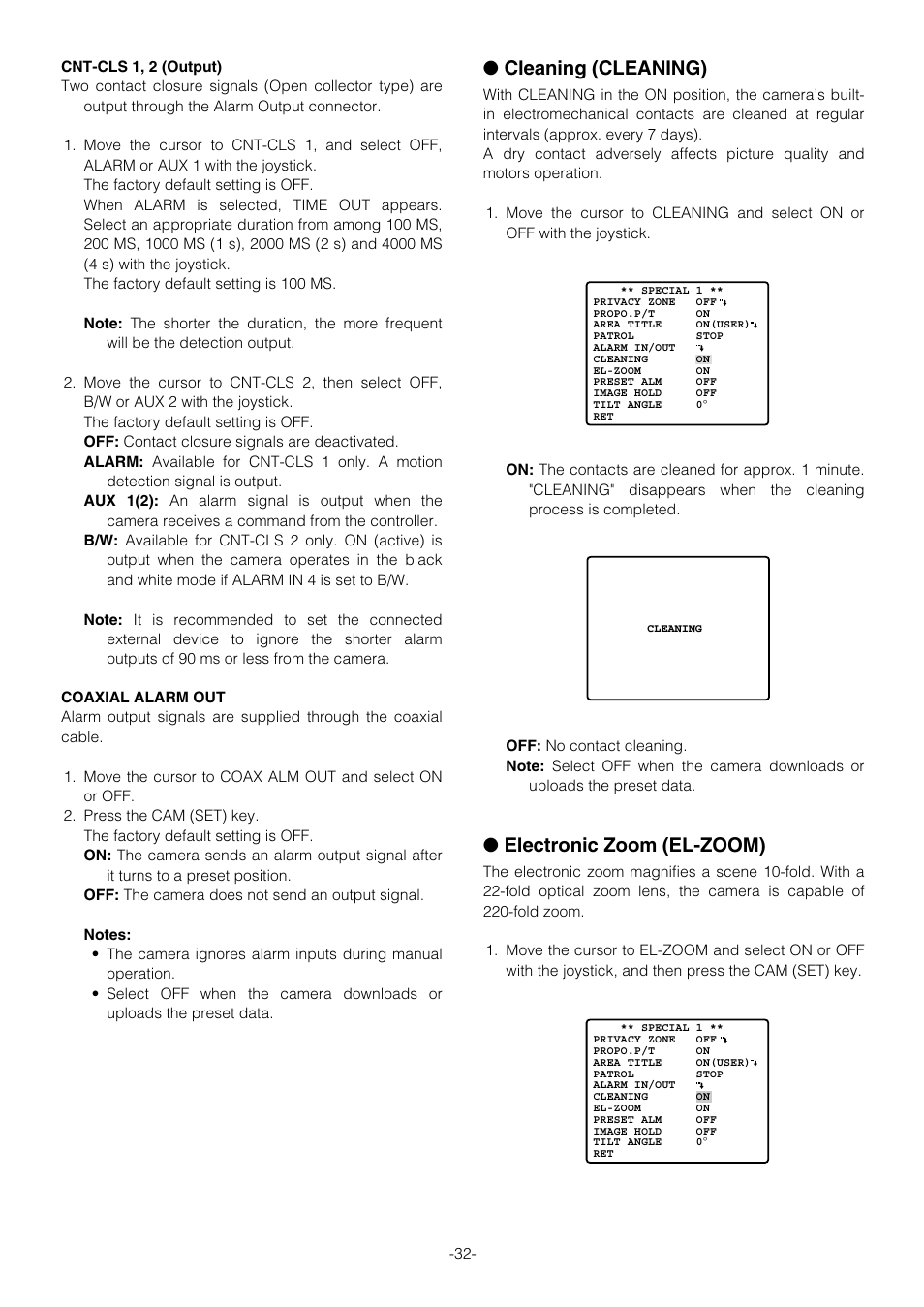 Cleaning (cleaning), Electronic zoom (el-zoom) | Panasonic WV-CS854B User Manual | Page 32 / 56