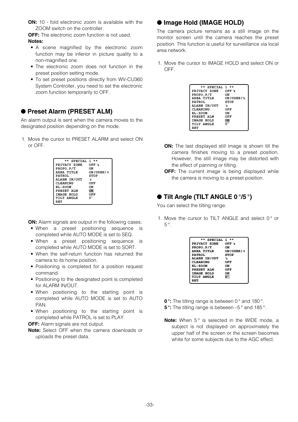 Preset alarm (preset alm), Image hold (image hold), Tilt angle (tilt angle 0 °/5 °) | Panasonic WV-CS854B User Manual | Page 33 / 56