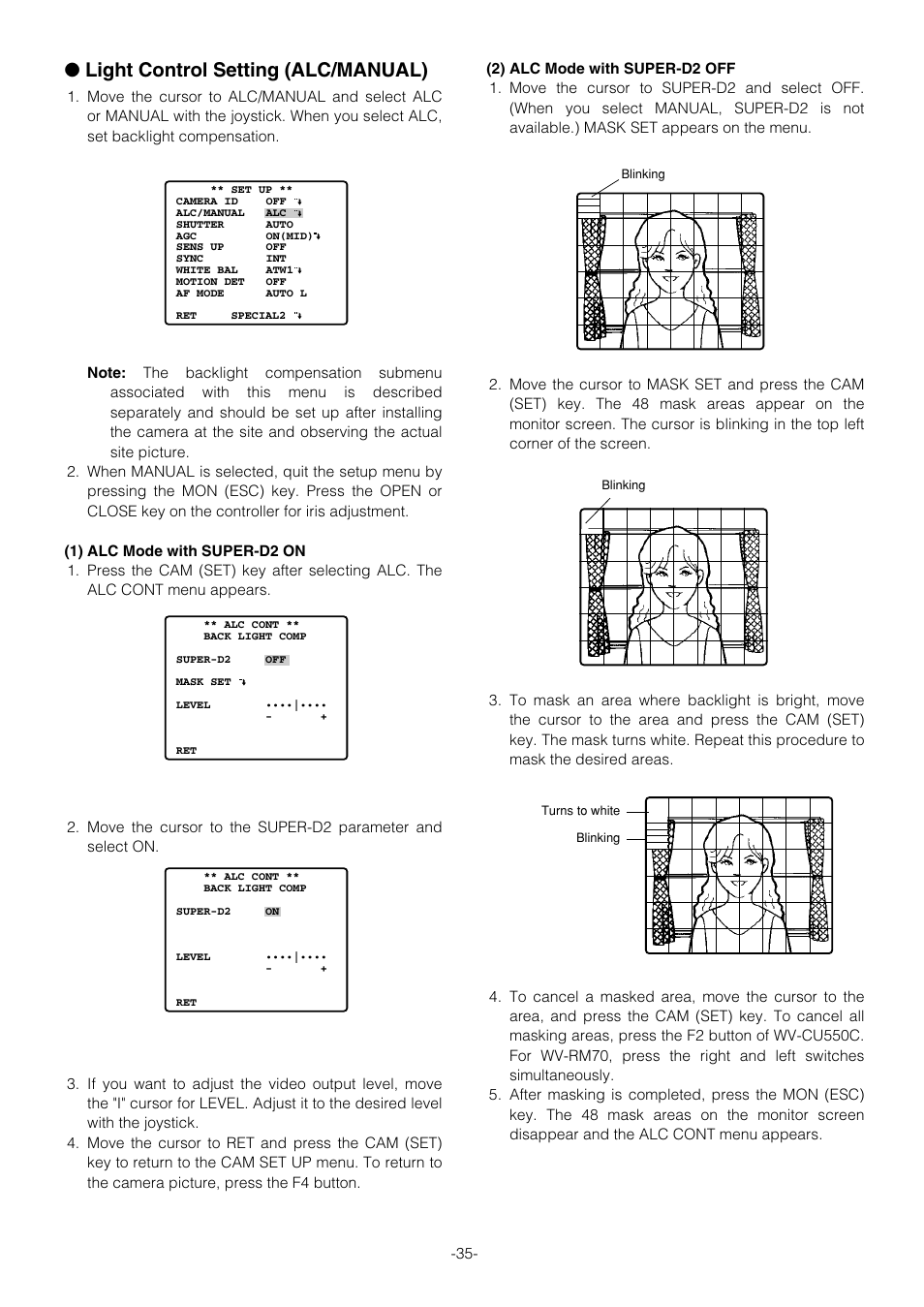 Light control setting (alc/manual) | Panasonic WV-CS854B User Manual | Page 35 / 56