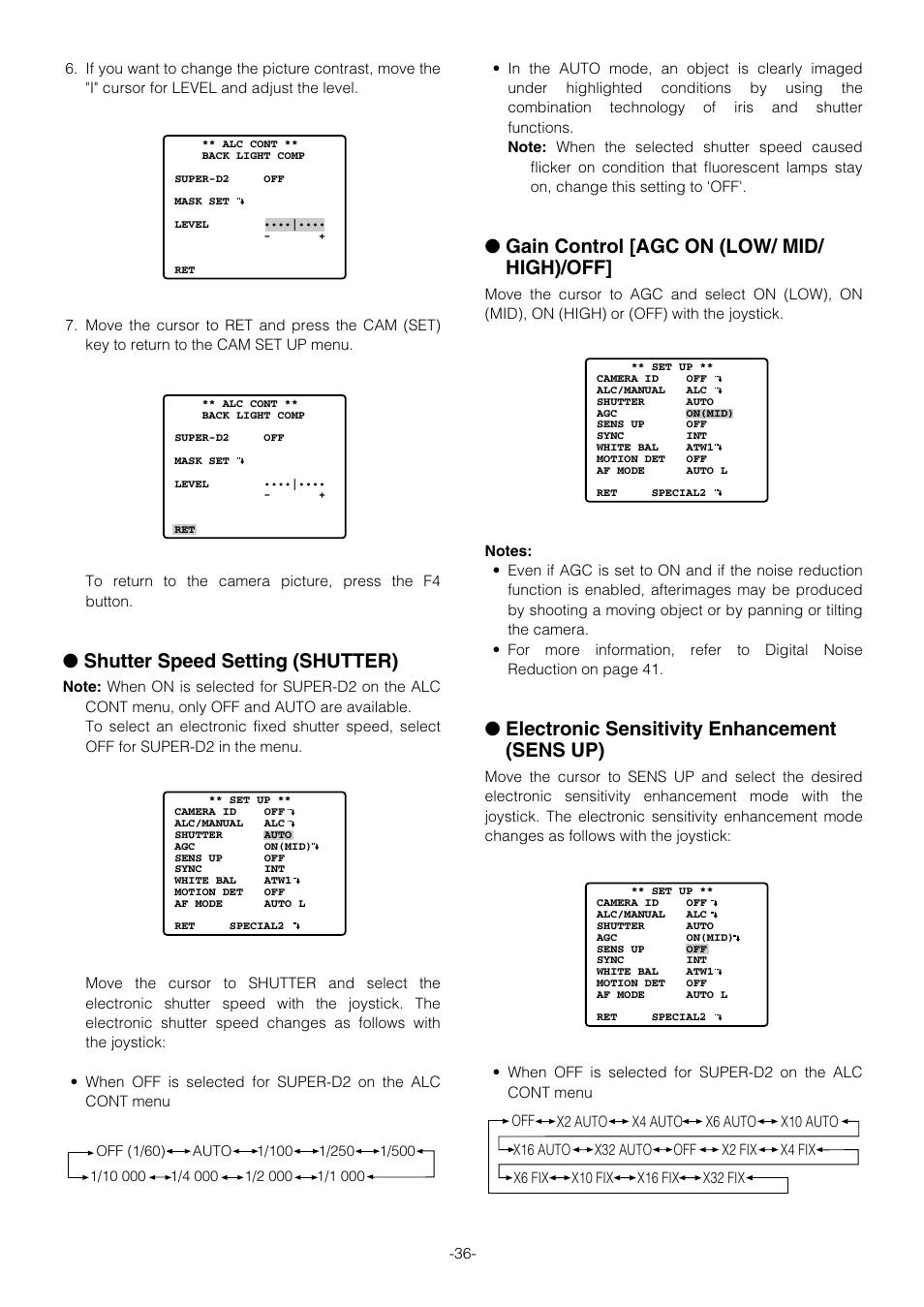 Shutter speed setting (shutter), Gain control [agc on (low/ mid/ high)/off, Electronic sensitivity enhancement (sens up) | Panasonic WV-CS854B User Manual | Page 36 / 56