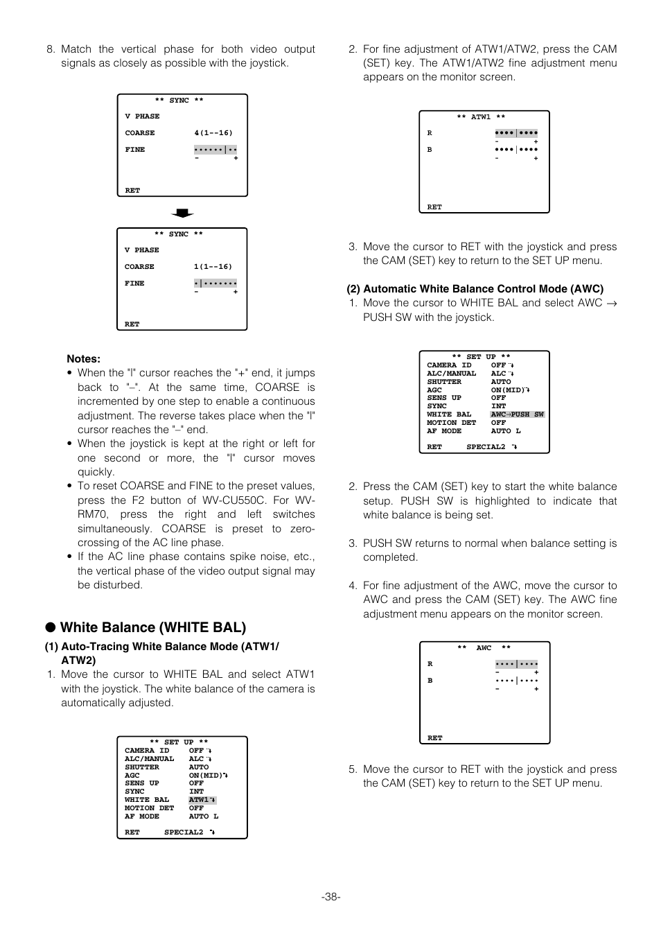 White balance (white bal) | Panasonic WV-CS854B User Manual | Page 38 / 56
