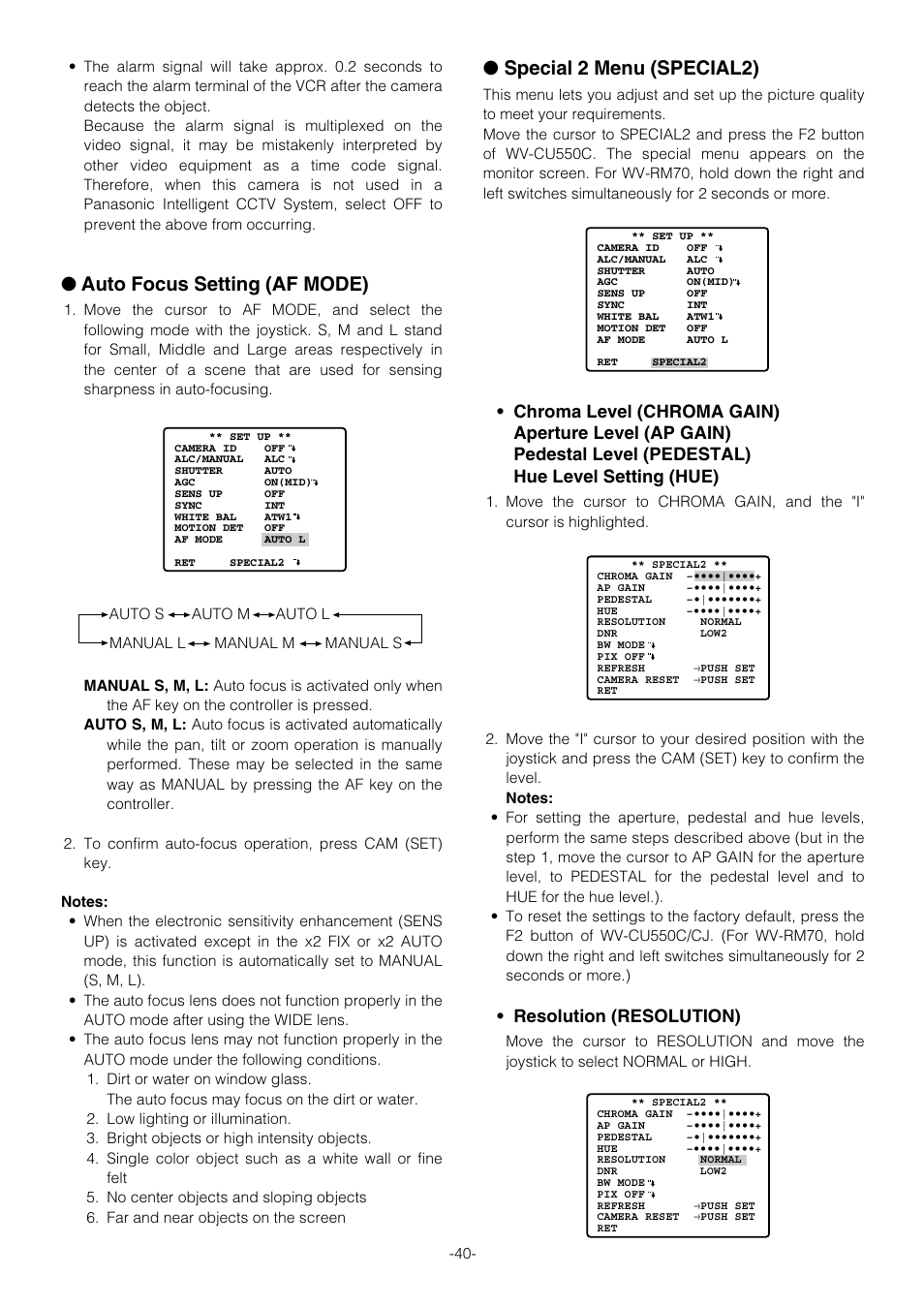 Rs485 setup, Installation, Auto focus setting (af mode) | Special 2 menu (special2), Resolution (resolution) | Panasonic WV-CS854B User Manual | Page 40 / 56