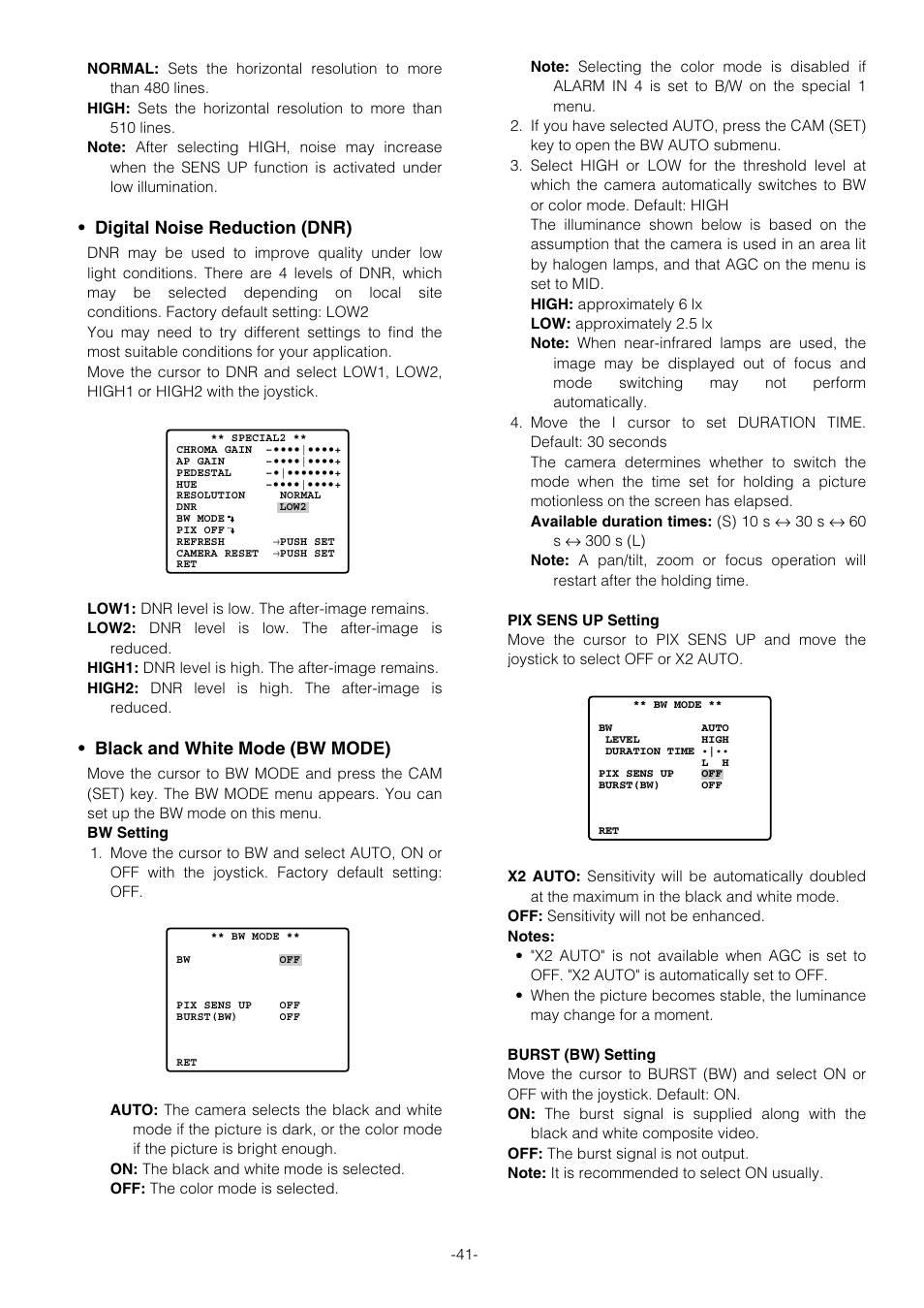 Digital noise reduction (dnr), Black and white mode (bw mode) | Panasonic WV-CS854B User Manual | Page 41 / 56