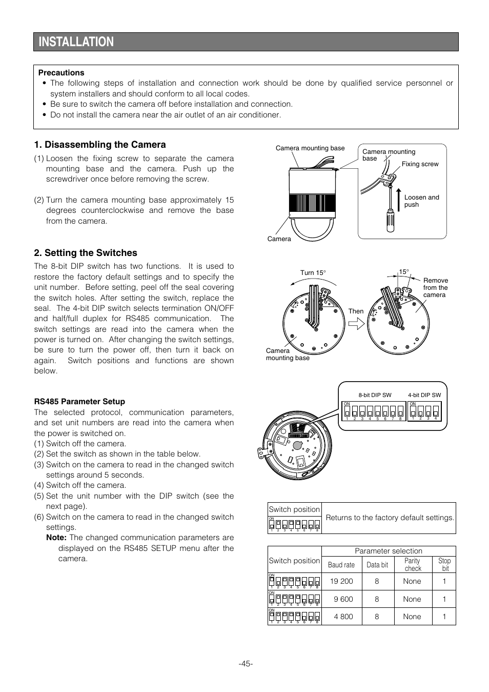 Installation, Disassembling the camera, Setting the switches | Panasonic WV-CS854B User Manual | Page 45 / 56