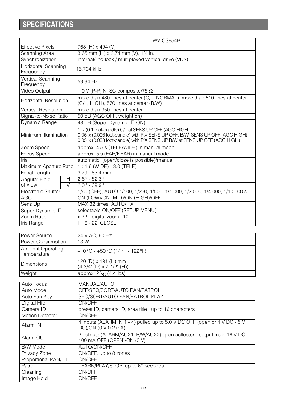 Specifications | Panasonic WV-CS854B User Manual | Page 53 / 56