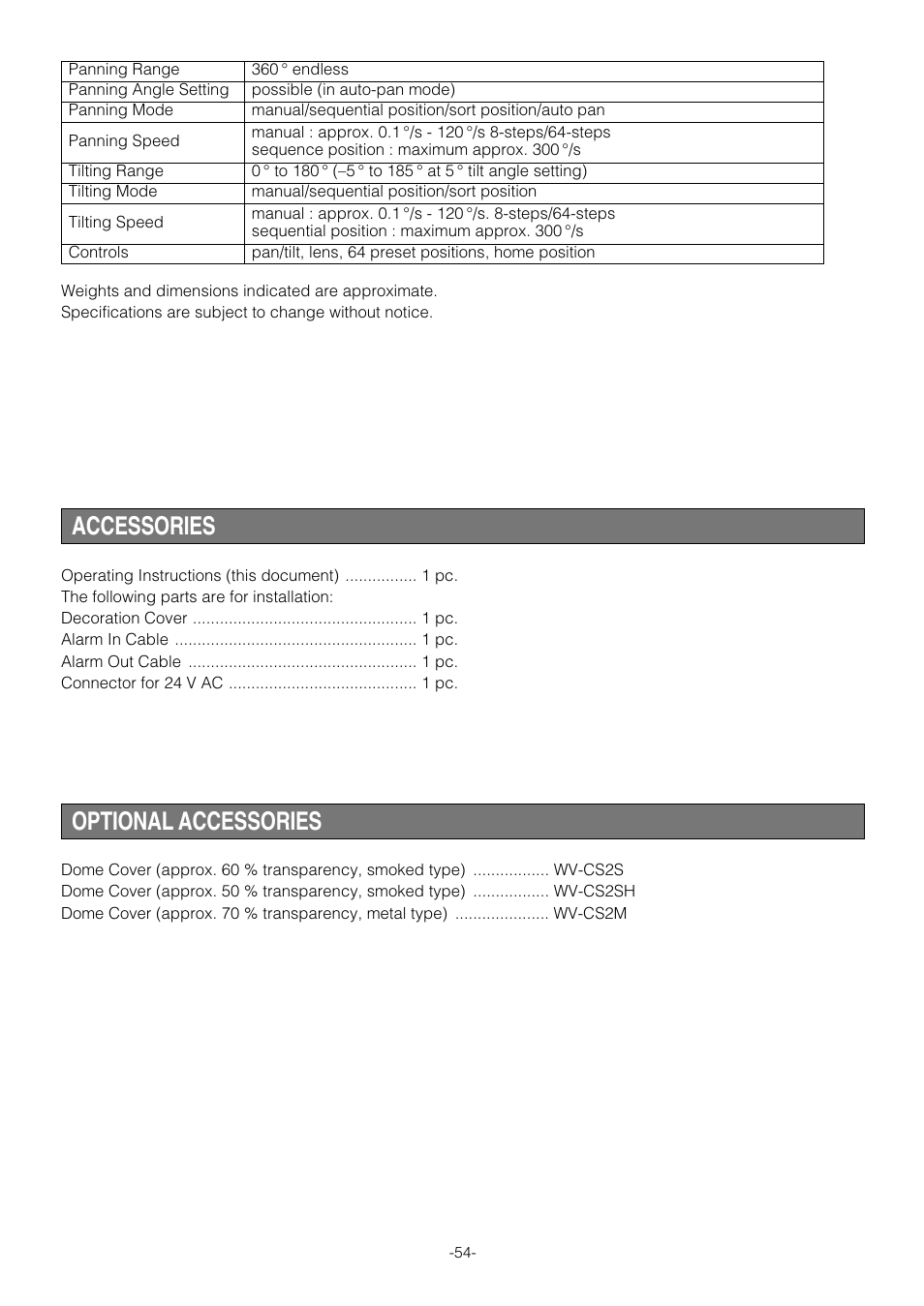 Accessories, Optional accessories | Panasonic WV-CS854B User Manual | Page 54 / 56