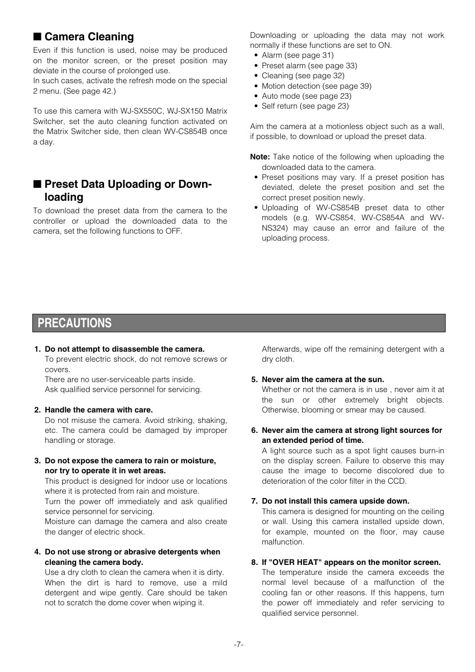 Camera cleaning, Preset data uploading or down-loading, Precautions | Preset data uploading or down- loading | Panasonic WV-CS854B User Manual | Page 7 / 56