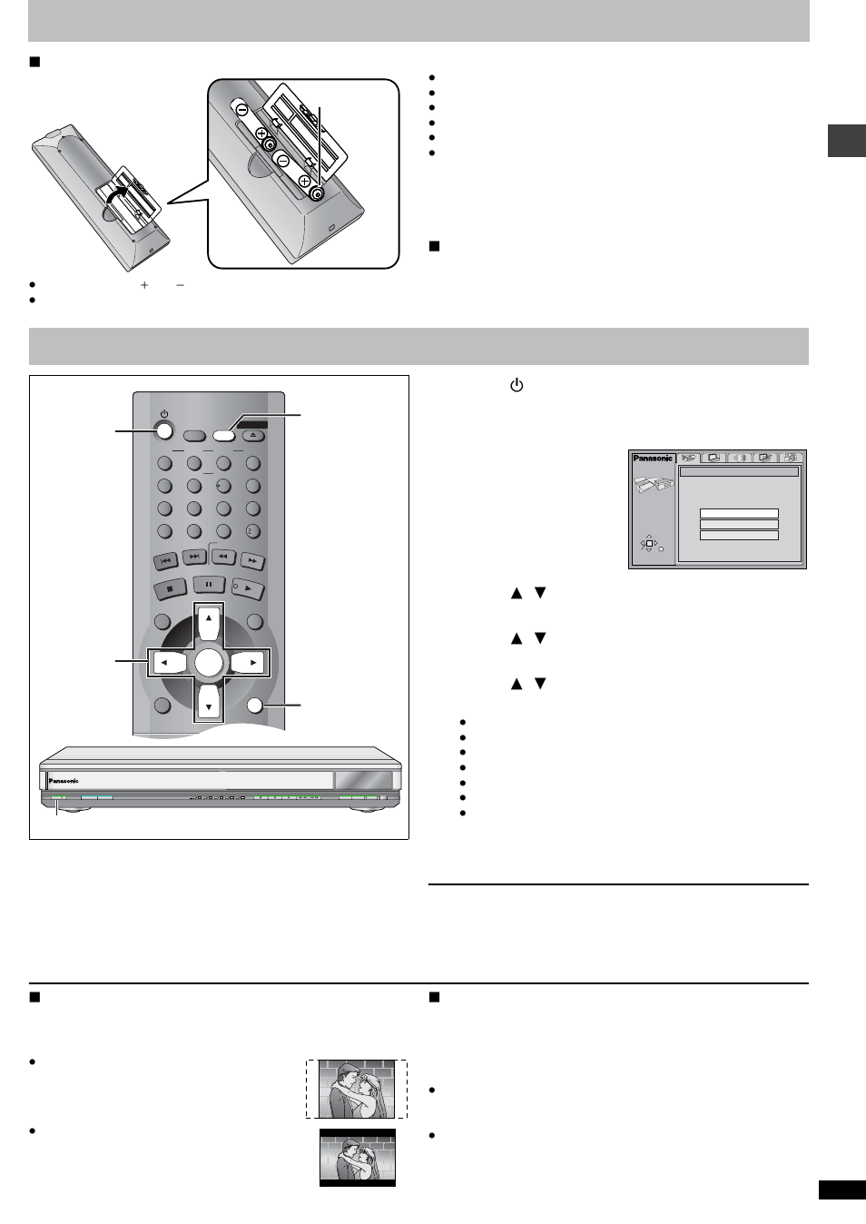 The remote control, Quick setup, Ge tting star te d | Batteries, Press [ í ] to turn on the unit, Press [setup] to show the quick setup screen, Press [enter] and then [setup] to end the settings, Tv aspect, Return | Panasonic DVD-F85 User Manual | Page 9 / 28