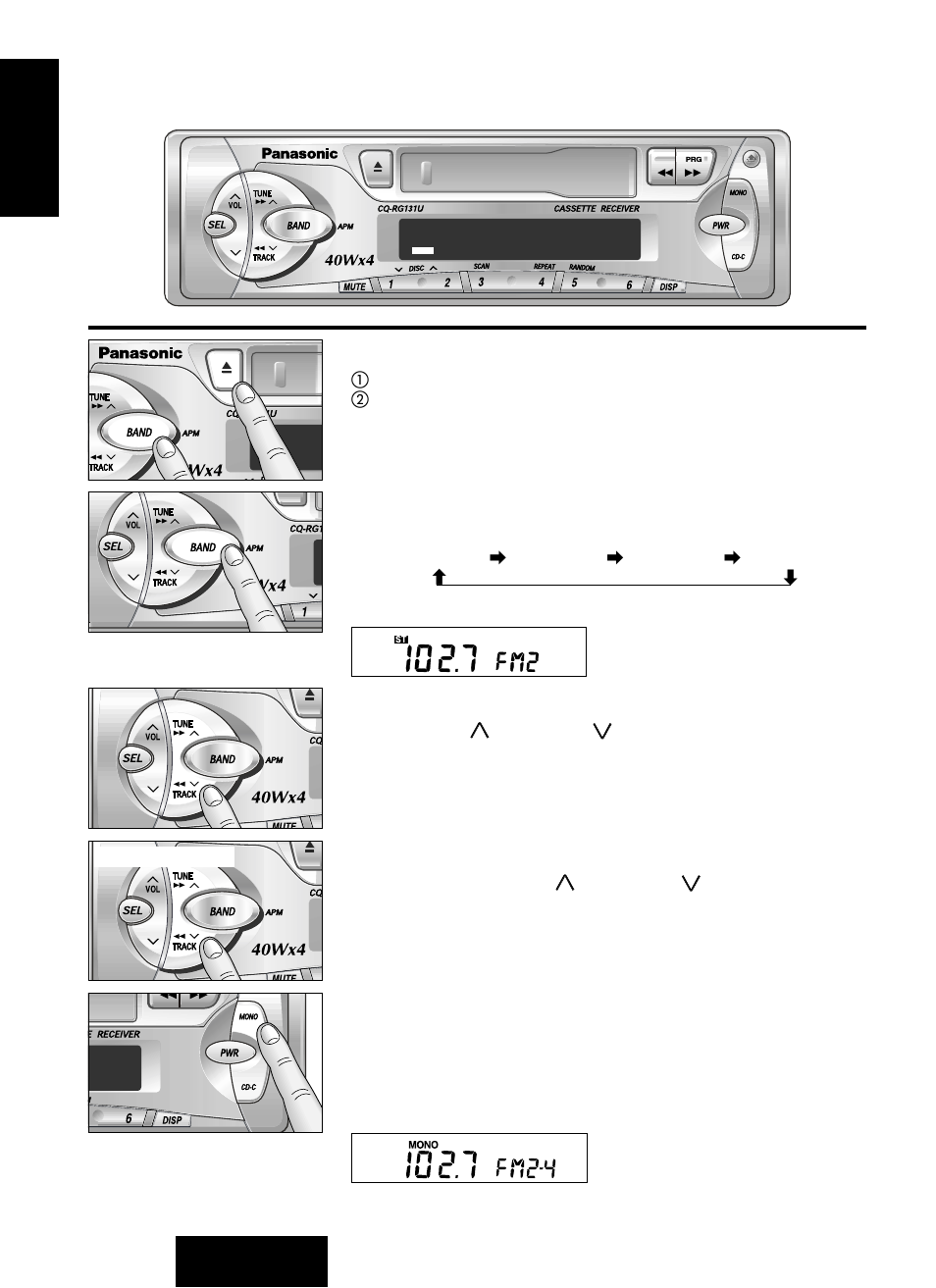 Radio basics, Change to the tuner mode, Selecting a band | Manual tuning, Seek tuning | Panasonic CQ-RG131U User Manual | Page 12 / 72